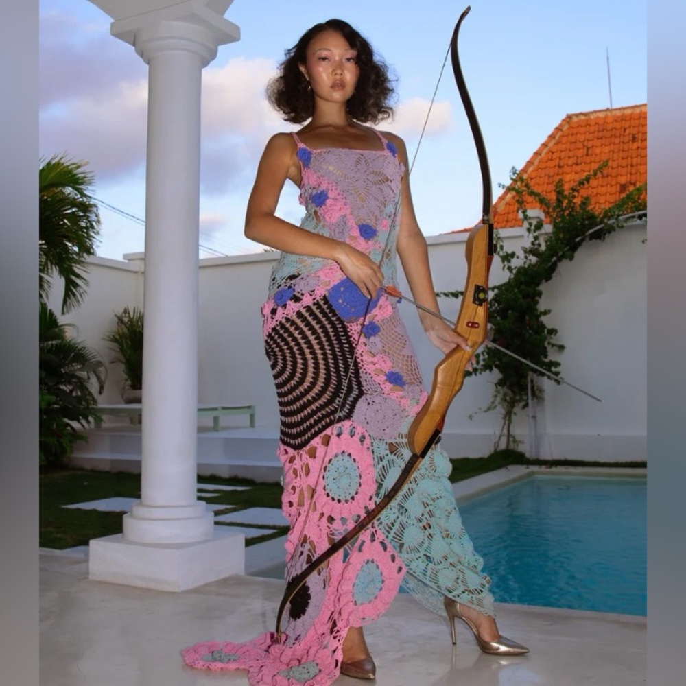 Oceanus Cassandra Vintage Crochet Multi Coloured Evening Dress | Medium